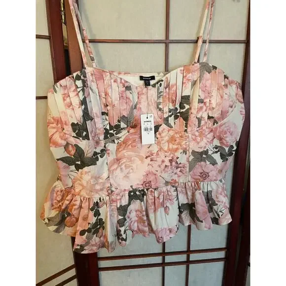 Express XL Pink Floral Cami Tank White Black Bold Flower Sleeveless Top - Picture 3 of 9